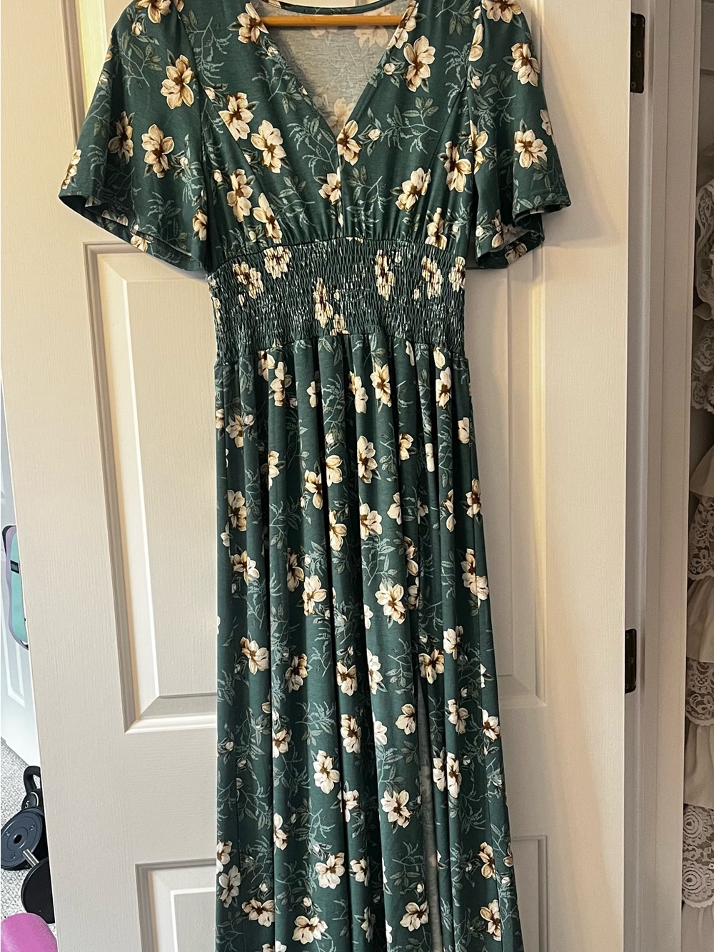 Green Floral Maxi Dress with Smocked Waist and side slit